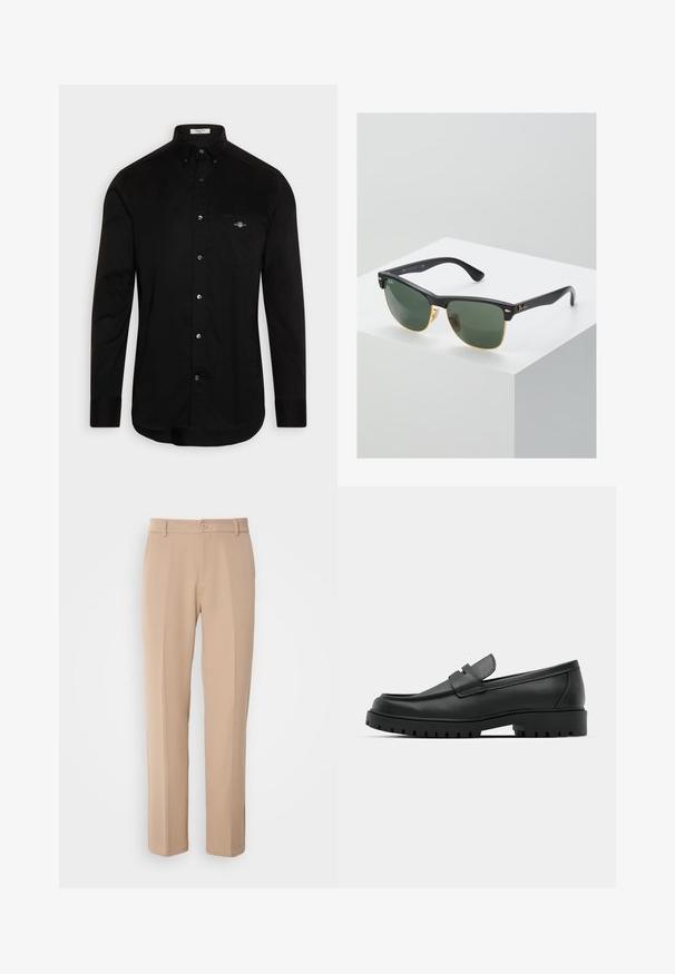 Fekete gombos ing, pamutból készült, hegyes gallérral, hosszú ujjú, mellzsebében egy kis színes logóval.; Sima anyagból készült bézs nadrág, egyenes lábú fazonnal, elöl gombos záródással és finom hajtott részletekkel az elején.; Fekete bőr loafer cipők kerek orral, varrott mintázattal, alacsony platformtalpú és texturált, barázdált gumitalppal.; Ray-Ban napszemüveg zöld lencsékkel, fekete műanyag kerettel és arany díszítéssel a széleken. Négyzet alakú, matt felülettel.