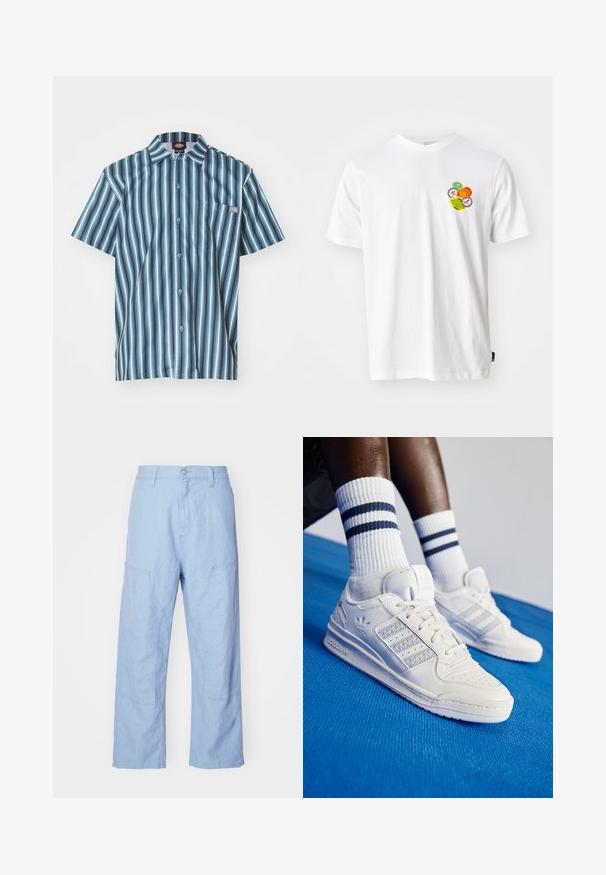 Lühikeste varrukatega nööbiga särk, millel on vertikaalsed triibud sinistes ja hallides toonides, rinnatasku ja bränditud logo märk.; Valge puuvillane T-särk, mille vasakus rinnas on ümmargune joonistus oranžide, roheliste ja kollaste puuviljadega.; Heledad sinised linased püksid, millel on mugav lõige, koos patch-taskutega ja nähtavate õmblusteadetega. Kanga välimus on pehme ja tekstuuriga.; Valge nahast jooksujalatsid, millel on perforatsioonidega detailid, kolm metallilist triipu ja tekstureeritud külgpaneel. Kanna valgeid sokke, millel on sinised triibud.
