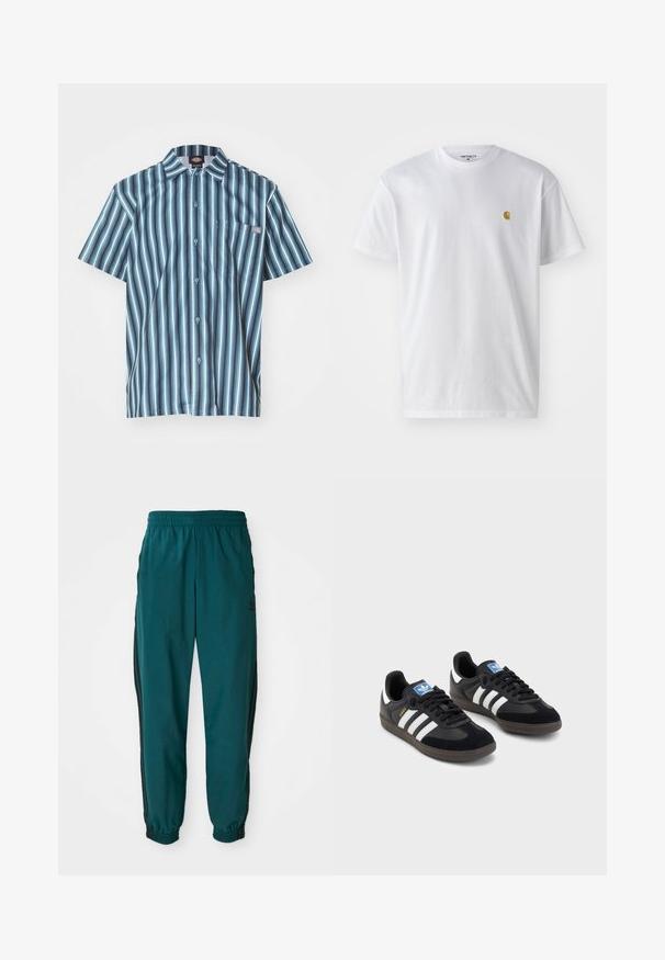 Košulja s kratkim rukavima s dugmićima koja ima vertikalne pruge u nijansama plave i sive, s džepom na prsima i obilježjem brenda.; Bijela pamučna majica kratkih rukava s okruglim izrezom, sa malim zlatnim logotipom na lijevoj strani prsnog koša. Mekana tekstura i standardni kroj.; Tirkizne atletske hlače s pojasom na uže, elastičnim manžetama i bočnim crnim trakama. Napravljene od lagane tkanine, s logotipom blizu bokova.; Crne tenisice s gornjim dijelom od antilopa i sintetičkog materijala, s tri bijele pruge, teksturiranom gumenom potplatom i plavom oznakom na jeziku.