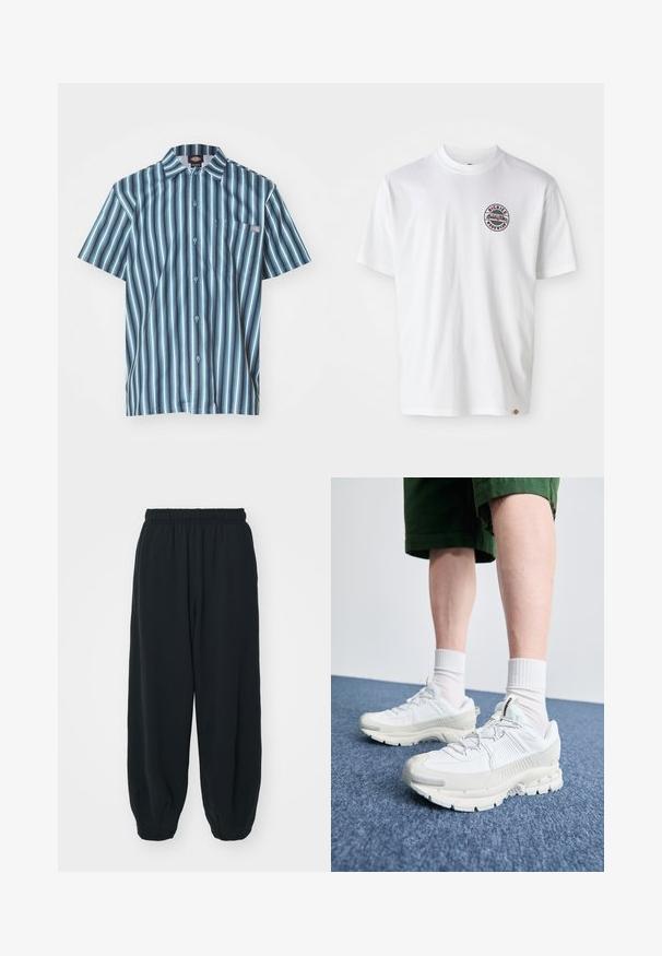 Trumpas rankovėmis mygtukinis marškiniai su vertikaliomis juostelėmis mėlynų ir pilkų atspalvių, su krūtinės kišene ir firminiu logotipo ženkleliu.; Balta medvilninė marškinėliai su apvaliu logotipu ant krūtinės. Apvalus iškirpimas, trumpomis rankovėmis, laisvas sijonas, su raudonais ir juodais akcentais.; Juodi, su elastiniu juosmeniu sportiniai kelnės su laisvu siluetu, suapvalintais kulkšnimis, lygia tekstūra ir be matomų raštų ar metalinių akcentų.; Baltos sportinės bateliai su tekstūruotais uždengimais, masyviu padu ir pilkais akcentais. Dėvimi su baltais trumpais kojiniais ir žaliais šortais mėlyname paviršiuje.