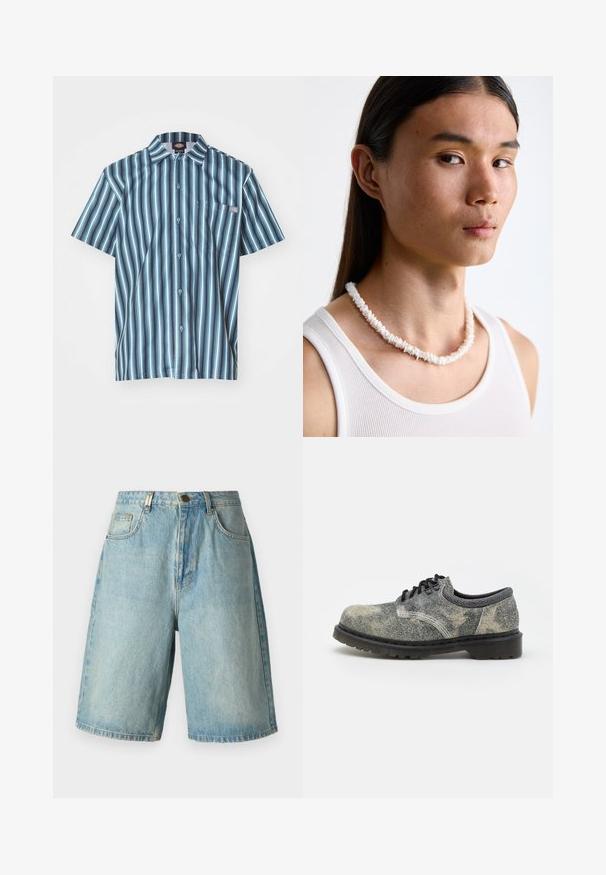 Cămașă cu mâneci scurte, cu nasturi, prezentând dungi verticale în nuanțe de albastru și gri, cu un buzunar pe piept și un patch cu logo-ul brandului.; Shorts din denim de culoare albastru deschis, cu o croială relaxată, dotate cu buzunare frontale, închidere cu nasture și un aspect decolorat cu detalii subtile de uzură.; Pantof cu șireturi dintr-un material texturat gri, cu accente negre, talpă groasă din cauciuc și detalii de cusătură albă. Design cu vârf rotund.; Colier din scoici albe compus din forme neregulate, purtat peste un top alb ajustat. Textură netedă cu o ușoară strălucire, design strâns.
