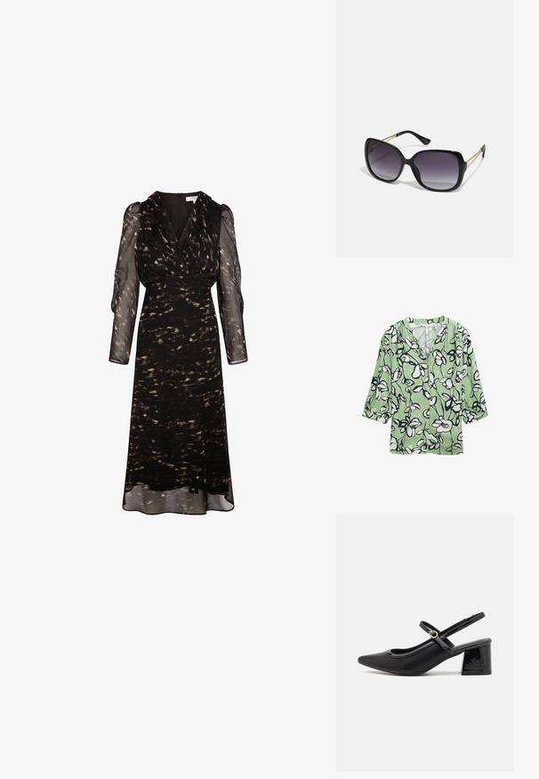 Groene bloezen met zwarte en witte bloemenpatronen, V-hals en driekwartmouwen. Gemaakt van lichtgewicht stof.; Zwarte jurk met een vloeiende, knielange rok en doorschijnende lange mouwen. Heeft een wikkelstijl lijfje met een subtiel abstract patroon in beige.; Zwarte gepolijste leren slingback hakken met een spitse neus, een ronde uitsnede en een blokhak. Voorzien van een gouden gespaccent.; Zwarte oversized zonnebril met gradient glazen, dikke montuur en gouden kettingdetails op de pootjes.; Zwarte tote bag van synthetisch materiaal, met een eenvoudig rechthoekig ontwerp, gouden vierkante accenten en dubbele handvatten.