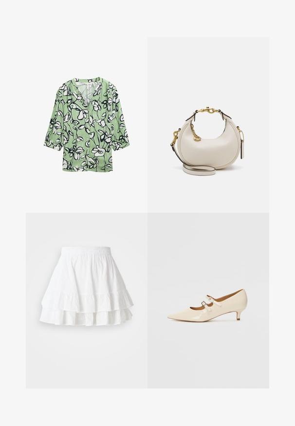 Žalia gėlėta bliusonė su juodai baltais gėlių raštais, V formos iškirpte ir trijų ketvirčių rankovėmis. Pagaminta iš lengvos medžiagos.; Balta sluoksniuota sijonas, pagamintas iš lengvos medžiagos su skylučių raštu ir raukšlėtu apdailu. Turi elastinę juostelę patogumui.; Kreminės lakuotos Mary Jane bateliai su dviem reguliuojamais sagtelėmis, smailiu priekiniu galimu ir mažu kulnu. Lygi tekstūra su blizgiu paviršiumi.; Kreminės odos rankinė pusmėnulio formos, su auksiniais aksesuarais, juodais akcentais ir nuimamu dirželiu. Yra grandinėlės detalė ir etiketė.; Aukso tonų auskarų rinkinys, kuriame yra trys poros: tekstūruoti ovalūs auskarai, bangos formos auskarai ir dideli hoops auskarai su sluoksniuotomis briaunomis.