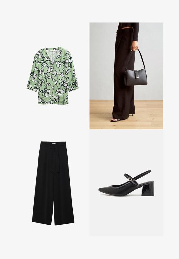 Grüne Bluse mit floralem Muster in Schwarz und Weiß, V-Ausschnitt und drei Viertelärmeln. Hergestellt aus leichtem Stoff.; Schwarze weite Hosen aus strukturiertem Stoff, mit elastischem Bund und einem abnehmbaren Bindegürtel in der Taille für eine verstellbare Passform.; Schwarze Lackleder-Slingback-Absätze mit spitzer Zehenform, einem runden Ausschnitt-Design und einem Blockabsatz. Mit einem goldfarbenen Schnallenakzent.; Schwarze Handtasche mit strukturierter Form, glatter Textur und einem metallischen Verschluss. Kombiniert mit weiten schwarzen Hosen und offenen Sandalen auf einem Holzboden.