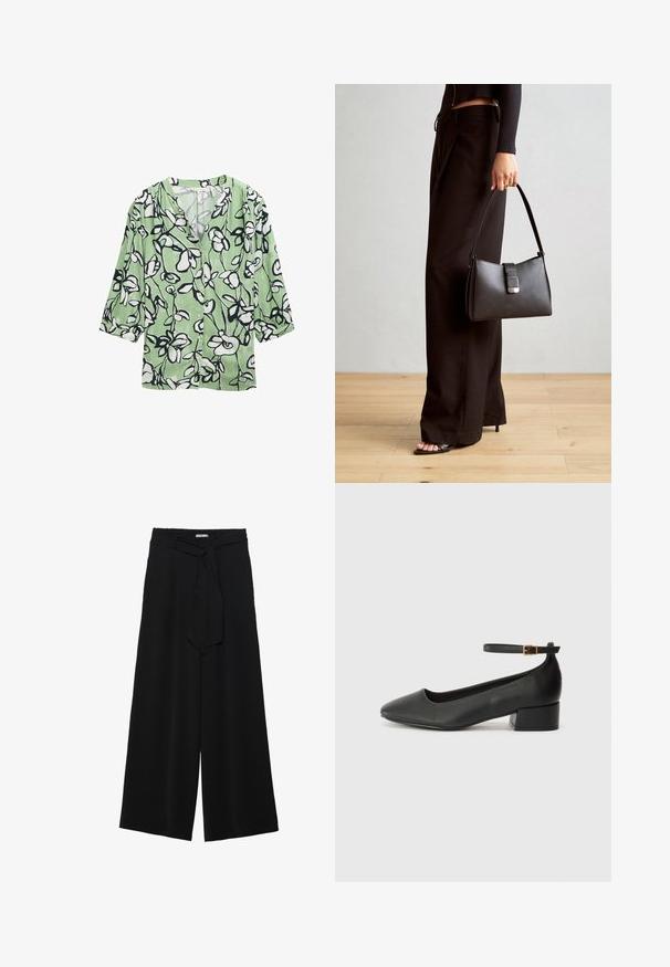 Blusa floreale verde con motivi di fiori in bianco e nero, scollatura a V e maniche a tre quarti. Realizzata in tessuto leggero.; Pantaloni neri a gamba larga caratterizzati da un tessuto testurizzato, una vita elastica e una cintura staccabile per una vestibilità regolabile.; Pump in pelle nera con punta affusolata e tacco basso a blocco. Presenta una cinghia alla caviglia con una fibbia in tonalità oro. Texture liscia.; Borsa nera con forma strutturata, texture liscia e una chiusura metallica. Abbinata a pantaloni neri larghi e sandali open-toe su un pavimento in legno.