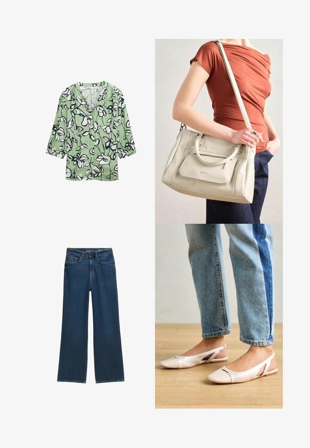 Groene bloezen met zwarte en witte bloemenpatronen, V-hals en driekwartmouwen. Gemaakt van lichtgewicht stof.; Wijd gesneden denim jeans in donkerblauw, met een vijf-pocket ontwerp, knoopsluiting en subtiele stikdetails bij de naden.; Zachtroze slingback ballerina's met een spitse neus, gemaakt van een glad leerachtig materiaal. Bevat uitsnijdingen aan de zijkanten en heeft een platte hak.; Witte leren handtas met dubbele handgrepen en een afneembare schouderband, met een voorzak met rits en een gladde textuur. Draagend aan de arm van een persoon.