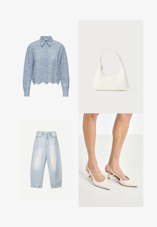 Light blue cropped shirt with a pointed collar, featuring textured eyelet embroidery and scalloped hem. Button closure down the front.; Light blue lace tank top with thin straps, featuring a scalloped lace trim and floral pattern, designed for a fitted silhouette.; Light blue denim jeans with a loose fit, featuring a faded finish, two front pockets, and a button closure at the waistband.; Beige patent leather slingback heels with a pointed toe and 5 cm heel, featuring cut-out sides and a thin ankle strap.; Small white shoulder bag with a single adjustable strap and a zipper closure, set against a plain white background.