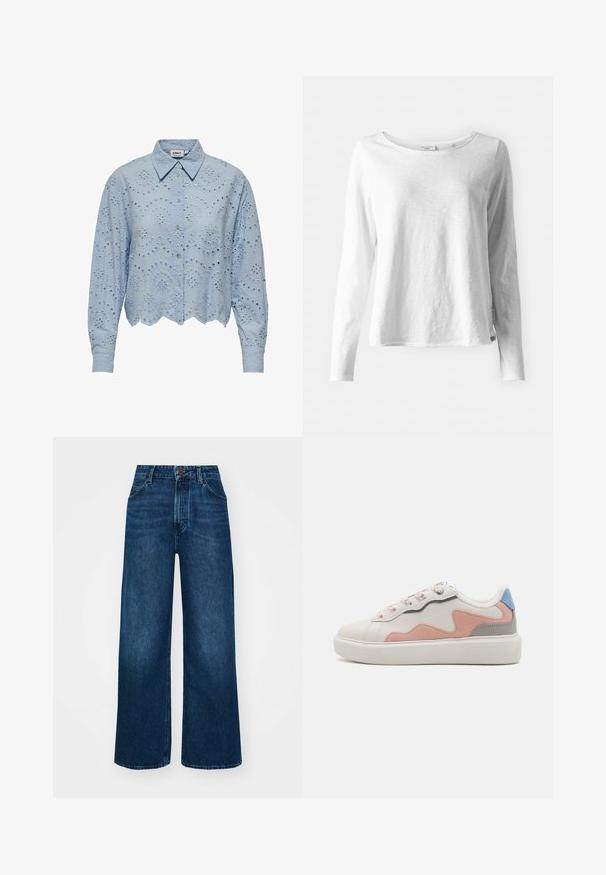 Camicia azzurra cropped con colletto a punta, caratterizzata da ricami in pizzo testurizzato e orlo scallop. Chiusura a bottoni sul davanti.; T-shirt bianco a maniche lunghe in tessuto morbido e leggero; presenta un collo rotondo e una vestibilità leggermente rilassata; etichetta visibile sul lato.; Jeans a vita alta e gamba larga in denim blu scuro con una texture liscia, cuciture a contrasto e design a cinque tasche. Chiusura frontale con bottone.; Sneaker basse con una tomaia in sintetico bianco, accenti in suede rosa e grigio, suola in gomma bianca texturizzata e lacci colorati.