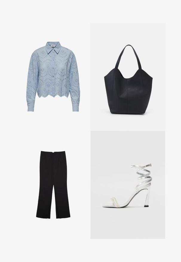 Lyseblå cropped skjorte med spidse kraver, udstyret med tekstureret øjeletsbroderi og bølget kant. Knaplukning foran.; Sorte bukser med lige pasform, der har frontlommer og slidser i kanten. Lavet af blødt, glat stof. Velegnet til forskellige anledninger.; Sølv højhælede sandaler med et skinnende stropdesign, der har en perle-lignende detalje og en snoet ankelstrop for en sikker pasform.; Sort tote taske lavet af glat læder, med en buet, åben top, to skulderstropper og et minimalistisk design.