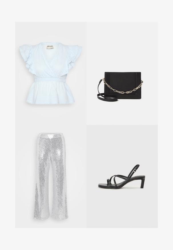 Šviesiai mėlyna medvilninė bluzonė su raukiniais ant rankovių, V formos iškirpte ir susiraukšlėjusia juosmens linija. Tekstūruota medžiaga su horizontaliomis juostelėmis ir nėrinių akcentais.; Sidabriniai pailgi pločio kelnės su aukštu juosmeniu. Audinys žiba ir atspindi šviesą, turi lygų, blizgų paviršių.; Juodi šlepetės su kvadratiniu pirštu ir žemu bloku kulnu. Yra keli ploni dirželiai ir reguliuojamas kulkšnies diržas. Pagaminti iš lygios odos.; Juodas odinis per petį nešiojamas krepšys turi lygų paviršių, stačiakampio formą ir metalinę grandinėlę priekyje. Pridedama reguliuojama dirželis.