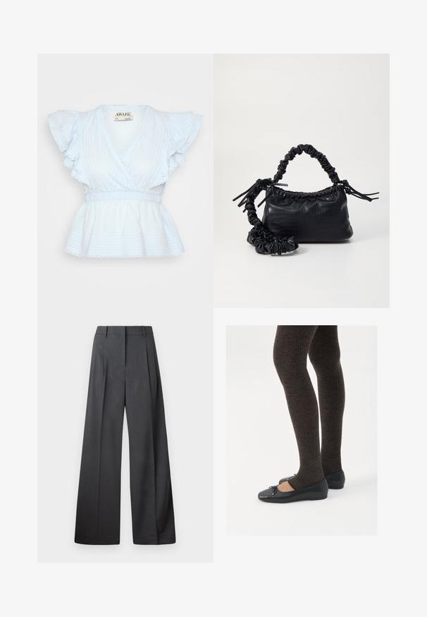Ανοιχτό μπλε βαμβακερή μπλούζα με ριγέ μανίκια, V-λαιμόκοψη και μαζεμένη μέση. Υφασμάτινη επιφάνεια με υφή και οριζόντιες ρίγες και λεπτομέρειες δαντέλας.; Φαρδιά παντελόνια από σκούρο γκρι ύφασμα, με ψηλή μέση, μονές πτυχές και λεία υφή με καθαρή τελείωση στις άκρες.; Μαύρες επίπεδες γυναικείες παπουτσάκια με μια μικρή λεπτομέρεια φιόγκο στην μύτη, συνδυασμένες με σκούρες καφέ ριγέ καλσόν. Τα παπούτσια έχουν λεία υφή και χαμηλό προφίλ.; Μαύρη τσάντα από faux δέρμα με υφή κροκοδείλου, κλειστή στο επάνω μέρος και με ρυτιδωμένο λουρί. Φαίνεται μαλακή και συμπαγής στο σχέδιο.