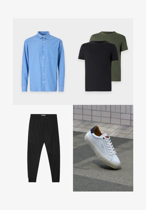 Camicia a maniche lunghe a righe blu e bianche, con chiusura a bottoni, dotata di colletto classico e una tasca sul petto. Materiale in morbido cotone.; Due magliette a girocollo in nero e verde oliva, realizzate in morbido cotone. Il design è semplice, con maniche corte e un taglio dritto.; Pantaloni sportivi neri in tessuto texturizzato, dotati di una vita regolabile, tasca laterale con zip e polsini a gamba affusolata.; Sneaker bianca in pelle con tallone blu, punta rotonda e accenti marroni a contrasto. Presenta lacci piatti e suola in gomma testurizzata.