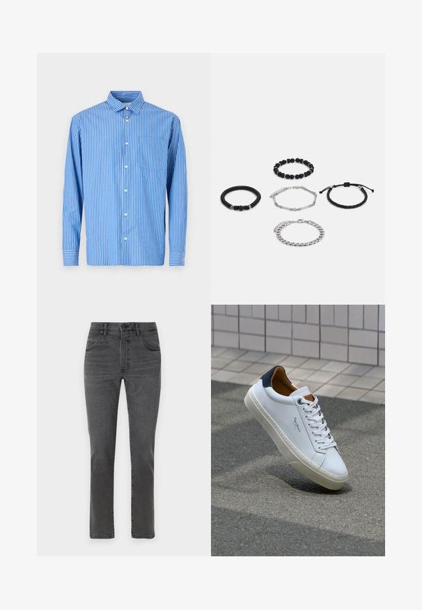 Blå- og hvidstribet langærmet skjorte med knaplukning, der har en klassisk krave og en enkelt brystlomme. Blødt bomuldsmateriale.; Grå denim jeans med lige ben, fem lommer og lukning med frontlynlås. Har subtil falming og kontrastsyninger.; Hvide lædersneakers med en marineblå hæl, rund tå og kontrasterende brune detaljer. Har flade snørebånd og en tekstureret gummisål.; Fem armbånd: to sorte perlearmbånd, et tekstureret sorte snor, et sølvkæde og en flettet sort snor med justerbar lukning.