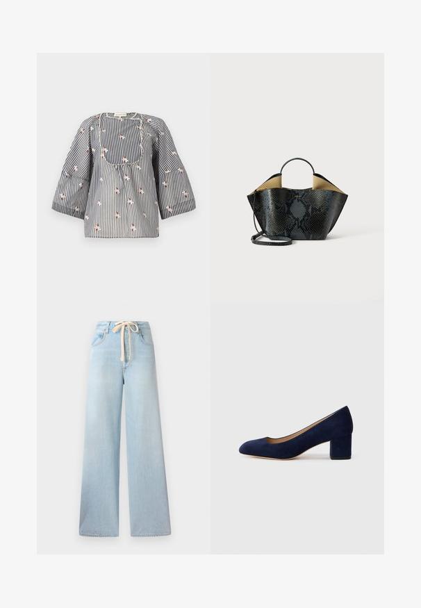 Gestreifte Bluse in Blau und Weiß mit floraler Stickerei, runder Ausschnitt, Dreiviertelärmel und gerafftem Oberteil für einen legeren Sitz.; Hellblaue weit geschnittene Jeans aus Denim, mit einem Kordelzugbund und klassischem Fünf-Taschen-Design, wobei nur minimale Verblassungen vorhanden sind.; Marineblaue Wildleder-Pumps mit spitzem Zehenbereich und einem mittelhohen Blockabsatz. Glatte Textur mit einem subtilen Glanz und einem kleinen Ausschnitt an der Vorderseite.; Handtasche mit Schwarz- und Graustich-Schlangenhautmuster, strukturiertem Design, doppelten Griffen und verstellbarem Schultergurt. Verfügt über ein beiges Innenfutter.