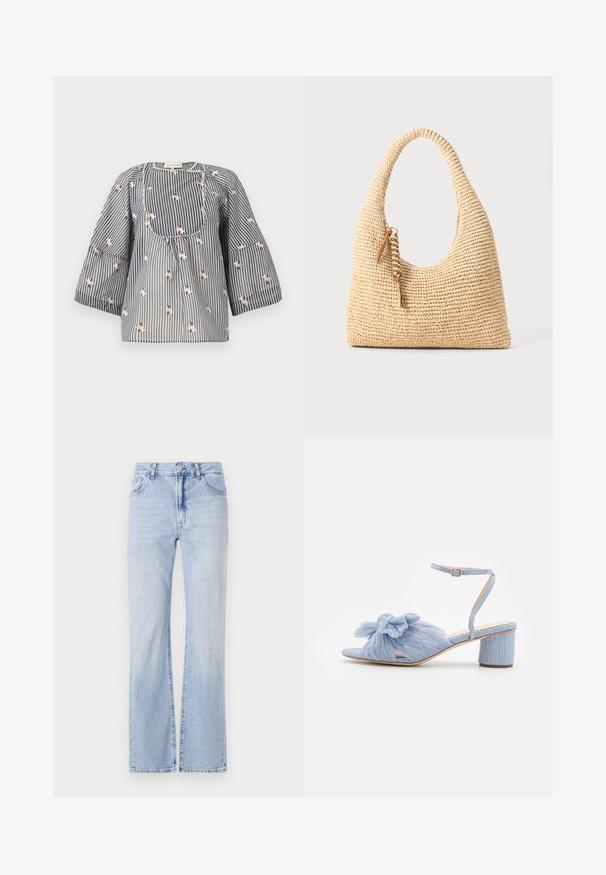 Dryžuota mėlyna ir balta bluzė su gėlių siuvinėjimu, apvaliu iškirpimu, trijų ketvirčių rankovėmis ir surinkta liemenyte, užtikrinančia laisvą prigludimą.; Šviesiai mėlynos džinsinės kelnės su flared kirpimu, penkių kišenių dizainu, diržo kilputėmis ir sagos uždarymu. Minkšta tekstūra su subtiliu blukimu.; Loeffler Randall DAHLIA BOW LOW HEEL - Sandalai - blue; Audimo šviesiai rudos spalvos rankinė su išlenkta rankena, tekstūruotu paviršiumi ir ruda kutu. Yra laisva, hobo forma.