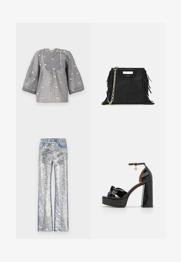 Blusa a righe blu e bianca con ricami floreali, scollo rotondo, maniche a tre quarti e corpetto arricciato per una vestibilità comoda.; Jeans argentati con paillettes, caratterizzati da un design a zampa d'elefante, con una cintura in denim e lati, creando una superficie testurizzata e riflettente.; Maje Sandali con tacco - noir; Borsa a tracolla in pelle nera con dettagli a frangia, catena dorata e manico ritagliato. Presenta il logo sulla parte anteriore.