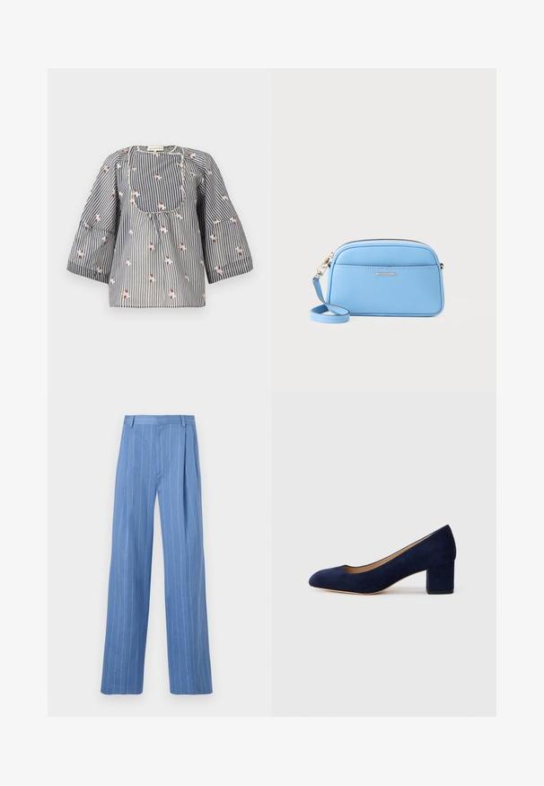 Prúhovaná blúzka v modrej a bielej farbe s kvetinovou výšivkou, s okrúhlym výstrihom, trojštvrťovými rukávmi a zberaným živôtikom pre voľný strih.; Svetlomodré široké nohavice s vertikálnymi bielymi pruhmi. Vyrobené z hladkého materiálu, s predným záhybom a jednoduchým dizajnom pásu.; Námořnické modré semišové lodičky s špičatou špičkou a středním blokovým podpatkem. Hladká textura s jemným leskem a malým výstřihem vpředu.; Svetlomodrá kožená crossbody taška so zlatými detailmi, zipsom a prednou vreckom. Obsahuje nastaviteľný popruh pre pohodlné nosenie.