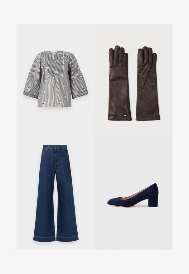 Blusa a righe blu e bianca con ricami floreali, scollo rotondo, maniche a tre quarti e corpetto arricciato per una vestibilità comoda.; Jeans in denim blu a gamba larga con vita alta, dotati di chiusura a bottone, passanti per cintura e dettagli di cucitura sottili lungo le tasche e i orli.; Pump in suede blu Navy con punta affusolata e tacco blocco di media altezza. Texture liscia con una leggera lucentezza e un piccolo taglio sul davanti.; Un paio di guanti lunghi in pelle marrone scuro stesi, con cuciture visibili e un piccolo dettaglio in argento vicino al polso di uno dei guanti.