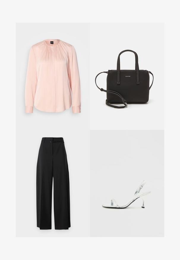 Šviesiai rožinė palaidinė su klostėmis, ilgomis rankovėmis, apvaliu kaklu ir mygtukais ant rankovių. Pagaminta iš glotnaus, švelnaus audinio.; Juodos plačios kelnes su aukštu juosmeniu ir diržu. Pasižymi lygiu paviršiumi ir švariomis linijomis, sukurtos patogiam prigludimui.; Sidabrinės patentinės odos slingback aukšto kulno sandalai su siauru pirštų dirželiu, reguliuojamu sagtimi ir plonu kulnu.; Juoda rankinė su dviem trumpais rankenėlėmis ir nuimamu petį. Lygaus odos tipo medžiaga su užtrauktuku ir logotipo detale.