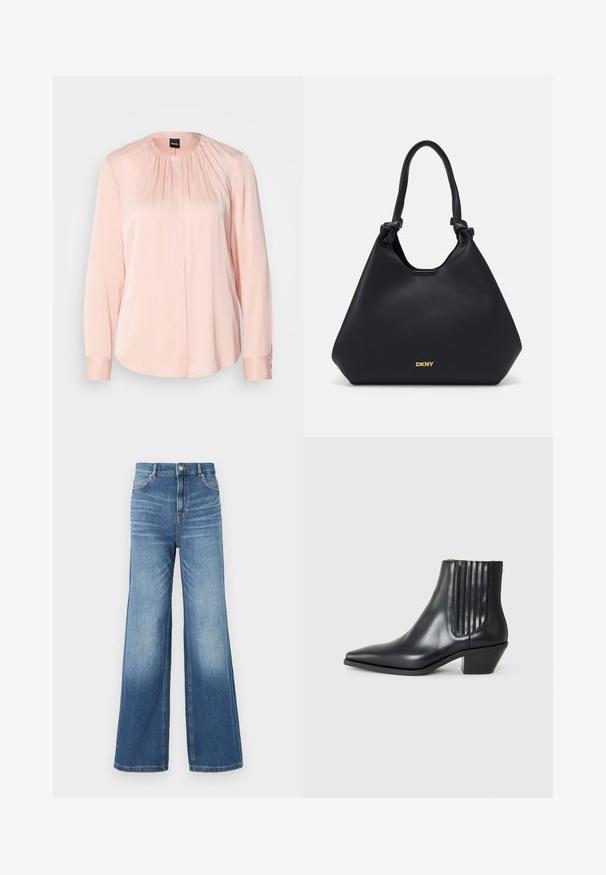 Light pink blouse featuring a pleated design, long sleeves, a round neckline, and button cuffs. Made from a smooth, soft fabric.; Light blue denim wide-leg jeans with a high waistband, featuring five pockets, belt loops, and a subtle fade effect towards the hem.; Black leather ankle boot with pointed toe, elastic side panels with vertical grooves, and a low block heel. Smooth texture and sleek design.; Black leather tote bag with a textured finish, knotted handle accents, and gold logo detail at the base. Features a slouchy silhouette.