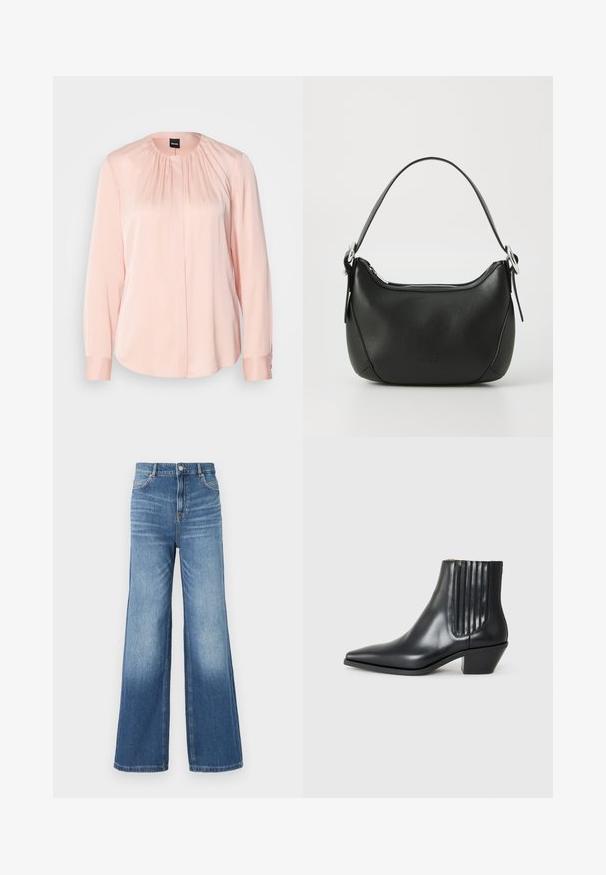 Vaaleanpunainen bluus, jossa on pleated-muotoilu, pitkät hihat, pyöreä kaula-aukko ja napilliset hihansuut. Valmistettu sileästä, pehmeästä kankaasta.; Vaaleansinisiä leveälahkeisia farkkuja, joissa on korkea vyötärö, viisi taskua, vyölenkit ja hillitty haalistuma helmaa kohti.; Musta nahkainen nilkk boot, jossa on terävä kärki, elastiset sivupaneelit pystyröytiä ja matala lohkarepohja. Sileä pinta ja tyylikäs muotoilu.; Musta nahkakäsilaukku, jossa on kaareva muoto, hopeinen vetoketju ja lyhyt kahva. Edessä on hienovarainen logo ja pinta on sileä.