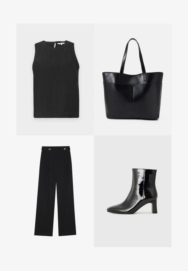 Top senza maniche nero realizzato in tessuto testurizzato, con scollatura rotonda e chiusura a occhiello sul retro. Design semplice e minimalista.; Pantaloni neri a gamba larga con vita alta, dettagli con bottoni in vita e pieghe frontali.; Stivaletto in pelle verniciata nera con punta a punta e tacco a blocco di altezza media. Texture liscia e design minimalista.; Borsa a tracolla in pelle nera con due manici lunghi, una texture liscia e una forma strutturata. Presenta una tasca frontale per ulteriore spazio di archiviazione.
