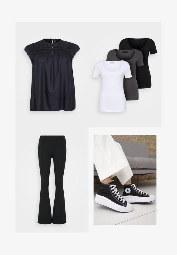 Juoda trumpa rankovėmis bluzonė su dekoratyviais nėriniais, susiraukšlėta priekyje ir subtiliu blizgesiu. Apvalus iškirpimas ir laisvas dizainas.; Trys priderinti marškiniai: balti, pilki ir juodi. Kiekvienas turi plačią apvalią iškirptę ir trumpas rankoves. Pagaminti iš lygaus, tamprių audinio.; Juodai platėjantys kelnių, pagamintų iš tamprių medžiagų, kurie turi aukštą juosmenį ir lygią tekstūrą. Kelnės platėja nuo kelio.; Juodi kanvasiniai aukšti sportbačiai su baltais guminiais padu ir raišteliais. Šonuose yra apskritas logotipas ir ryški balta siūlė.