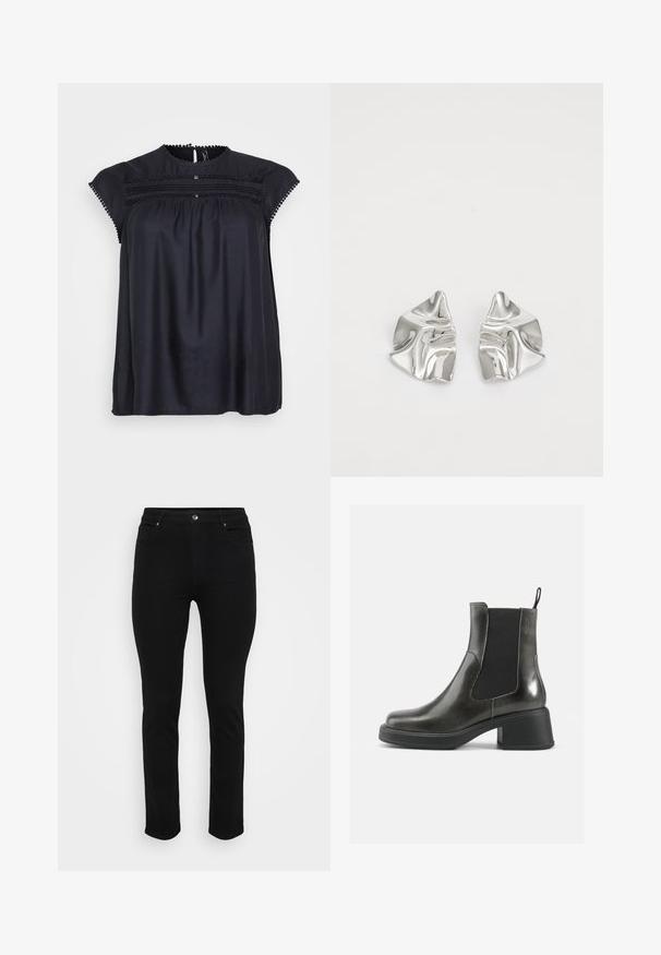 Black short-sleeve blouse with decorative lace trim, gathered front, and subtle sheen texture. Round neckline and loose fit design.; Black denim jeans with a slim fit, five-pocket design, front button closure, and slight stretch for comfort. Flat, smooth texture with minimal detailing.; Black leather ankle boots with a smooth finish, elastic side panels, and a chunky heel. Features a pull tab for easier wear.; Silver metal earrings with a wavy, sculptural design featuring a polished finish and irregular shapes, highlighting a contemporary aesthetic.