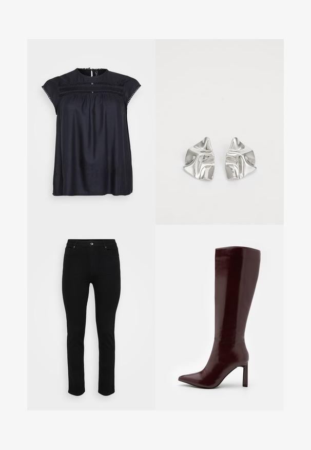 Blusa preta de mangas curtas com rendas decorativas, frente drapeada e textura ligeiramente brilhante. Gola redonda e design de corte solto.; Jeans de ganga pretos com um corte slim, design de cinco bolsos, fecho frontal por botão e ligeira elasticidade para conforto. Textura lisa e plana com detalhes mínimos.; Even&Odd Botas - dark red; Brincos de metal prateado com um design ondulante e escultural, apresentando um acabamento polido e formas irregulares, destacando uma estética contemporânea.