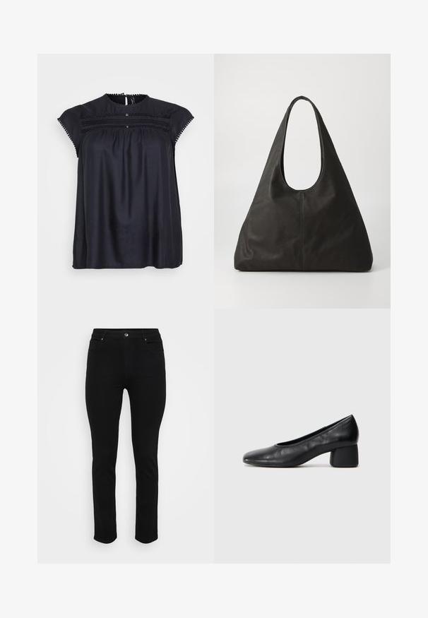 Svart kortärmad blus med dekorativ spetskantering, rynkad front och subtil lyster. Rund halsringning och lös passform.; Svarta denimjeans med slim fit, femficksdesign, framknäppning och lätt stretch för komfort. Platt, slät textur med minimal detaljering.; Svart läderpumpsko med rund tå och medelhög blockklack. Slät textur med minimal detaljering, med en diskret elastisk öppning.; Svart läder tote-väska med ett böjt handtag, avlång triangulär form och slät yta. Har en minimalistisk design utan synlig utrustning.; Silverfärgade metallörhängen med en vågig, skulptural design som har en polerad yta och oregelbundna former, vilket framhäver en samtida estetik.
