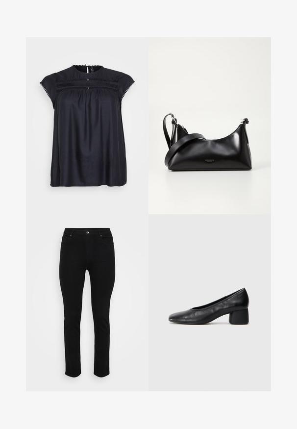 Black short-sleeve blouse with decorative lace trim, gathered front, and subtle sheen texture. Round neckline and loose fit design.; Black denim jeans with a slim fit, five-pocket design, front button closure, and slight stretch for comfort. Flat, smooth texture with minimal detailing.; Black leather pump with a rounded toe and mid-block heel. Smooth texture with minimal detailing, featuring a subtle elastic opening.; Black leather handbag with a smooth texture. Features an adjustable strap and a sleek, minimalistic design with a zip closure.; Silver metal earrings with a wavy, sculptural design featuring a polished finish and irregular shapes, highlighting a contemporary aesthetic.