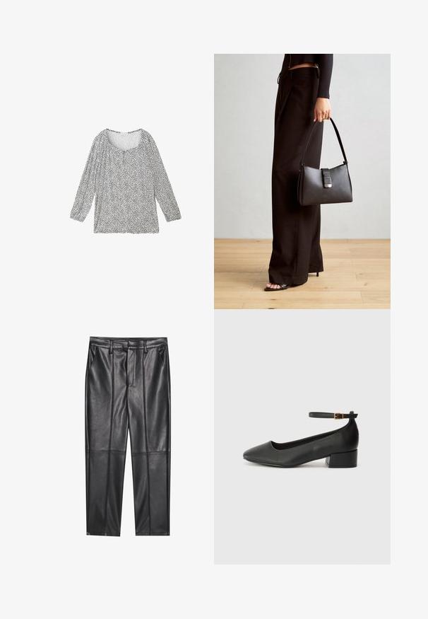TOM TAILOR 3/4 ARM IN OPTIK - Bluza - organic navy dot design; Crne kožne hlače s glatkom teksturom, ravnog kroja, s dva prednja džepa i vidljivim šavovima.; Crne kožne pumpe s oštrim vrhom i niskom blok petom. Sadrže remen oko gležnja s zlatnim kopčanjem. Glatka tekstura.; Crna torba s oblikom koji sadrži strukturu, glađu teksturu i metalnu kopču. Uparena s širokim crnim hlačama i sandalama na otvorenom s drvenog poda.