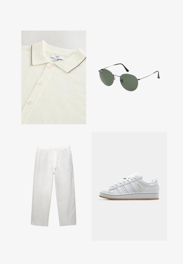 Cremefarvet polo-shirt med et struktureret ribbet design, der har en kontrasterende brun kant omkring kraven og fem knapper fortil.; Hvid bomulds T-shirt med korte ærmer, rund halsudskæring og en afslappet pasform. Glat tekstur uden synlige mønstre eller detaljer.; Hvide linnedbukser med elastisk talje med snøre, bred ben-design og rene sømme. Glat tekstur med afslappet pasform.; Hvide sneakers med perforeret tre-stribe-design, teksturerede detaljer, en gummisål og "CAMPUS" logo i guld på siden.; Metalrammede solbriller med ovale grønne linser. Tynd sølvmetalramme og sorte ørepropper. Minimalistisk design, ingen synlige logoer.