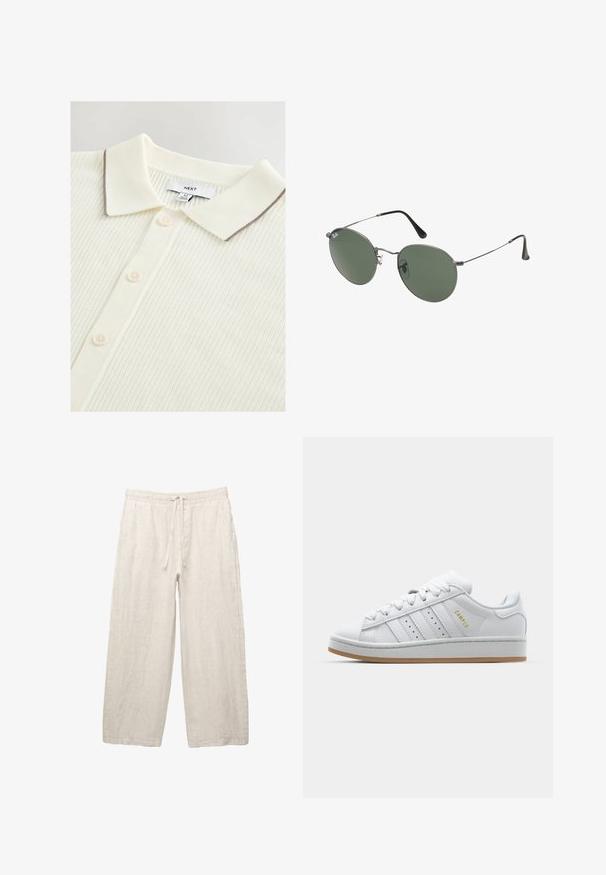 Cremefarvet polo-shirt med et struktureret ribbet design, der har en kontrasterende brun kant omkring kraven og fem knapper fortil.; Hvid bomulds T-shirt med korte ærmer, rund halsudskæring og en afslappet pasform. Glat tekstur uden synlige mønstre eller detaljer.; Linnedragt i lys beige med elastisk talje og snøre, vid bendesign og sidelommer. Glat tekstur.; Hvide sneakers med perforeret tre-stribe-design, teksturerede detaljer, en gummisål og "CAMPUS" logo i guld på siden.; Metalrammede solbriller med ovale grønne linser. Tynd sølvmetalramme og sorte ørepropper. Minimalistisk design, ingen synlige logoer.