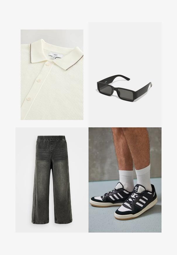 Kreminės spalvos polo marškiniai su tekstūruotu raukšliniu dizainu, turintys kontrastingą rudos spalvos apvadą ant apykaklės ir penkis mygtukus priekyje.; Juodos skalbimo džinsinės kelnės su elastine juostos ir plačiomis kojomis, su subtiliais vertikaliais siūlų aksesuarais šonuose.; Juodos ir baltos sportinės bateliai su zomšiniu ir odiniu viršumi, su trimis baltomis juostelėmis, perforuota koja ir guminėmis padais.; Juodos saulės akinių su stačiakampiais lęšiais, matinio plastiko rėmas ir tiesios briaunos. Vidinėje rankovėje yra prekės ženklo logotipas.; Balta perlų kaklo grandinėlė, su vienodai apvalia forma, lygiu paviršiumi ir metaline sagtimi su ilginimo grandinėle, leidžiančia reguliuoti ilgį.