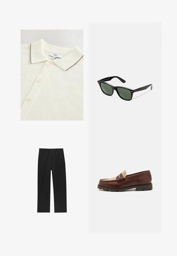 Tejjel színezett póló, textúrált bordázott mintával, kontrasztos barna díszítéssel a galléron és öt gombbal az elején.; Fekete nadrág egyenes szárú kialakítással, sima anyagból készült. Elöl redők és egy gombos záródás található a derékon.; Barna bőr loafer cipők taupe vászon díszítéssel, varrott részletekkel és texturált gumi talppal, amely a kényelemről és tartósságról gondoskodik.; Fekete műanyag napszemüveg zöld lencsékkel, négyzet alakú kerettel, ezüst díszítéssel a keret felső részén, valamint texturált szárakkal. A márka neve a belső száron található.