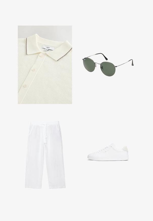 Crème-kleurige polo met een gestructureerd ribbelontwerp, voorzien van een contrasterende bruine bies op de kraag en vijf knopen aan de voorkant.; Witte linnen cropped broeken met elastische tailleband, trekkoord en twee zijzakken. Soepele textuur en lichtgewicht ontwerp voor comfort.; Witte sneaker met een glad leren bovenwerk, ronde neus, platte zool en een minimalistisch ontwerp. Voorzien van subtiele branding en een beige accent op de hak.; Metalen zonnebril met ovale groene lenzen. Dunne zilveren metalen rand en zwarte oorstoppers. Minimalistisch ontwerp, zonder zichtbare logo's.