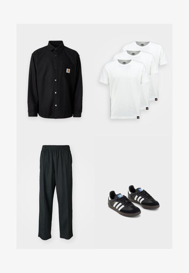 Camisa preta de botão feita de um tecido texturizado, apresentando um bolso no peito com um logo e botões de pressão prateados ao longo da frente.; Três t-shirts de algodão brancas simples com mangas curtas. Cada t-shirt possui uma gola redonda e uma pequena etiqueta de logotipo preta no lado esquerdo.; Calças atléticas pretas com um cós elástico, feitas de tecido suave, com costuras laterais discretas e um ajuste descontraído, design de perna reta.; Sneakers pretos com parte superior em camurça e sintético, apresentando três riscas brancas, sola de borracha texturizada e etiqueta azul no linguete.