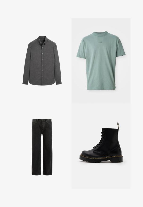 Gray long-sleeve shirt made from a textured fabric, featuring a button-down collar and front buttons, with a curved hemline.; Green cotton t-shirt with short sleeves, ribbed crew neckline, and embroidered Nike logo on the chest. Smooth texture and relaxed fit.; Black denim wide-leg jeans with a high waist, featuring classic five-pocket design, and subtle fading for a textured appearance.; Black leather ankle boots with a lace-up front, yellow stitching, a rounded toe, and a thick, textured rubber sole.