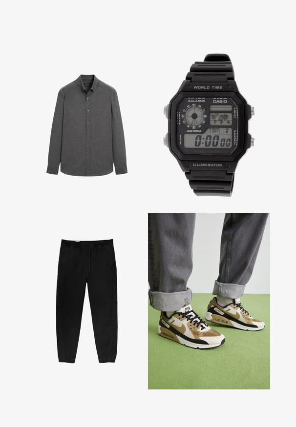 Graues langärmeliges Hemd aus einem strukturierten Stoff, mit einem Button-Down-Kragen und Knöpfen auf der Vorderseite, sowie einem abgerundeten Saum.; Schwarze Hose mit elastischem Bund und Kordelzug, tapered Beinen, Seitentaschen und subtilen seitlichen Stickdetails. Weicher Baumwollstoff.; Nike Air Max 90 Sneaker in Beige und Schwarz, mit Mesh- und Leder-Materialien, sichtbarer Dämpfung und schwarzen Schnürsenkeln.; Digitaluhr mit schwarzem Gummiband, rechteckigem Gehäuse und Glas. Zeigt die Uhrzeit, eine Weltzeituhrkarte und Tasten für Wecker und Licht an.