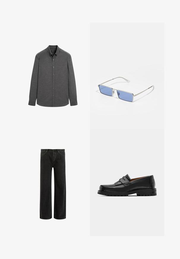 Graues langärmeliges Hemd aus einem strukturierten Stoff, mit einem Button-Down-Kragen und Knöpfen auf der Vorderseite, sowie einem abgerundeten Saum.; Schwarze, weit geschnittene Jeans aus Denim mit hoher Taille, im klassischen Fünf-Taschen-Design und subtilem Verblassen für eine strukturierte Optik.; Schwarze Lederloafer verfügen über eine erhöhte Naht, zwei dekorative Riemen im oberen Bereich und eine dicke, strukturierte Sohle für zusätzlichen Halt.; Metallsonnenbrille mit rechteckiger Form, blauen getönten Gläsern und silbernem Rahmen. Verfügt über Nasenpolster und dünne, gerade Bügel.