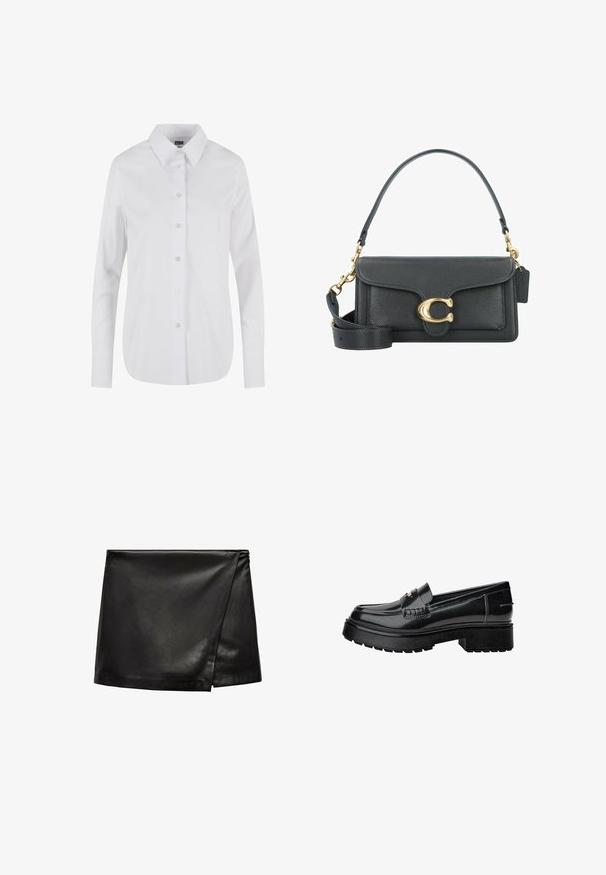 Hvid langærmet skjorte med knaplukning, der har en klassisk krave, glat tekstur og seks knapper foran. Skræddersyet pasform med en buet kant.; Sort læder mini nederdel med en omslagsdesign, der har en glat tekstur og minimalistisk stil. Ingen synlig hardware eller mønstre.; Sorte patenterede lædersko med en robust sål, der har en dekorativ rem og diskrete syninger. Gummitekstur på ydersålen.; Sorte læderhåndtaske med et gyldent hardware-udstyr, der har en signaturlås, en aftagelig skulderrem og en tekstureret overflade.