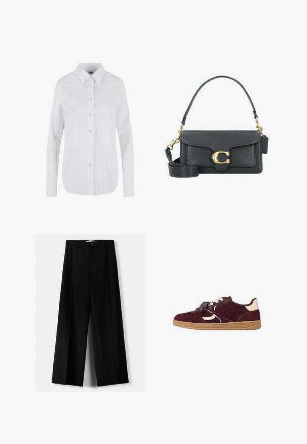 Bela srajca z dolgimi rokavi in gumbi spredaj, ki ima klasičen ovratnik, gladko teksturo in šest gumbov na sprednji strani. Prilagojen kroj z ukrivljenim robom.; Črn usnjeni korzet z strukturiranim dizajnom, ki ima zložen ovratnik in gladko teksturo. Tkanina se zdi trdna in dobro krojena.; Črne široke hlače iz lahkega materiala, z zapiranjem na gumb spredaj in ravnim sprednjim delom, s skrbno zašiti robovi.; Burgundska semenska teniska obutev z belimi akcenti, teksturovanimi detajli, debelim gumijastim podplatom in vzorčastimi vezalkami za varen oprijem.; Črna usnjena torbica z zlatim okovjem, ki se ponaša s prepoznavnim zapiralom, odstranljivim ramenskim trakom in teksturirano površino.; Srebrne danglje imajo zapleteno zasnovo iz biserov, s kaskadnimi nitkami fine verige in z vozlom na vrhu.