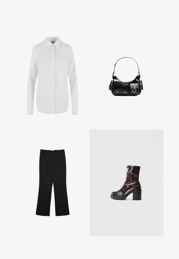 Bijela košulja dugih rukava s gumbima, klasičnog kragna, glatke teksture i sa šest prednjih gumba. Prilagođen kroj s zakrivljenim rubom.; Crne hlače ravnog kroja, s prednjim džepovima i bočnim prorezima na rubu. Izrađene od mekog i glatkog materijala. Pogodne za razne prigode.; Sjajna burgundska čizma do gležnja s debelim crnim potplatom, koja se odlikuje glatkom teksturom i jednostavnim dizajnom. Nema vidljivih kopčanja ili uzoraka.; Crna patentna kožna torba s zakrivljenim oblikom, jednim remenom za rame, prednjim džepovima i akcentima od srebrnog tona.