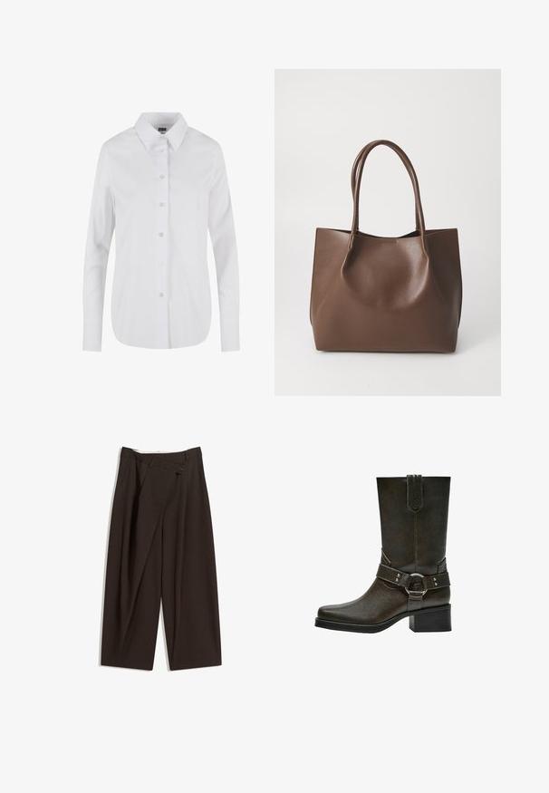 Weißes Langarm-Hemd mit Knöpfen, ausgestattet mit einem klassischen Kragen, glatter Textur und sechs Frontknöpfen. Taillierte Passform mit abgerundetem Saum.; Dunkelbraune, weite Hosen mit hohem Bund, die über einen einzigen Knopfverschluss und eine gefaltete Vorderseite verfügen. Hergestellt aus leichtem Stoff.; Braune Leder-Ankle-Boots mit quadratischer Zehenform, kurzem Blockabsatz und dekorativem Riemen mit silberner Schnalle. Glatte Textur, schlichtes Design.; Braune Leder-Tote mit zwei langen Tragriemen, strukturiertem Shape, glatter Textur und minimalistischem Design. Keine sichtbaren Beschläge oder Akzente.