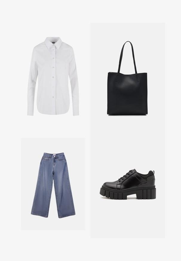 Balta garām piedurknēm pogājama krekls ar klasisku apkakli, gludu tekstūru un sešām priekšējām pogām. Pielāgots piegriezums ar izliekto apakšmalu.; Platas kājas denima bikses gaiši zils mazgājumā, ar augstu jostasvietu, priekšējām kabatām un pogu aizdari ar jostas cilpiņām.; Melnas ādas platformas kurpes ar masīvu bloku papēdi, apaļu purngalu un tradicionālu saistīšanas dizainu. Izceļas ar gludu tekstūru un minimālu apdari.; Melnas ādas somiņa ar gludu tekstūru, taisnstūra formu un divām garām rokturiem. Nav redzamu aparatūras vai rotājumu.