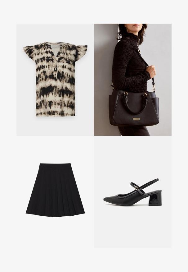 Rövid ujjú, gombos felső bézs és fekete batikolt mintázattal. Puha anyag, fodros ujjak és laza fazon. Kerek nyakkivágás.; Fekete, pliszírozott szoknya texturált anyagból, szűk derékpánttal. Térd alá ér, sima, letisztult vonalvezetéssel.; Fekete lakk bőr, pántos magassarkú cipő, hegyes orral, lekerekített kivágással és tömbsarkal. Arany színű csat díszíti.; Fekete kézitáska texturált felülettel, dupla felső fogantyúval és állítható vállpánttal. Arany színű fém kiegészítők és oldalsó zsebek találhatók rajta.