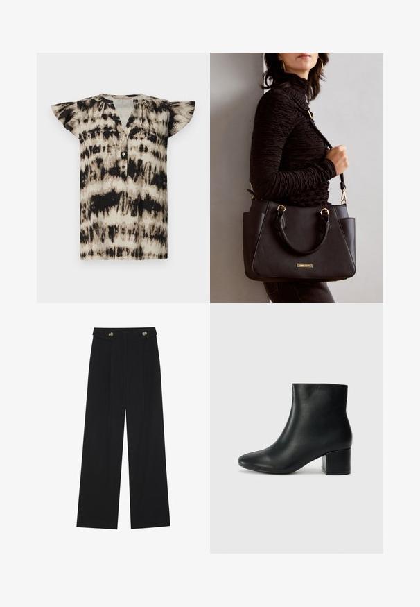 T-shirt de mangas curtas, com botão, em padrão tie-dye bege e preto. Tecido suave com mangas fluídas e um corte descontraído. Decote redondo.; Calças largas pretas com cintura alta, detalhes em botão na cintura e pregas frontais.; Botas de tornozelo em pele preta com bico pontiagudo e um salto robusto. Textura suave com acentos mínimos e um design ajustado e elegante.; Bolsa preta com superfície texturizada, alças superiores duplas e alça de ombro ajustável. Apresenta ferragens em tom dourado e bolsos laterais.