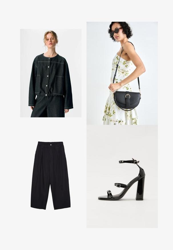 Svart denimjacka med vertikala vita ränder, rund halsringning, två framfickor, tryckknappsstängning och avslappnade ärmar.; Svarta polyester culottbyxor med elastisk midja, två framfickor och en lös silhuett. Inga synliga mönster eller hårdvarudetaljer.; Svarta lackerade klacksandaler med fyrkantig tå, ankelremmar och silverfärgade spännen. Har en kraftig blockklack för stabilitet.; Svart läderhandväska med en böjd form, avtagbar rem och guldiga detaljer. Väskan har ett lock med en spänndetalj.