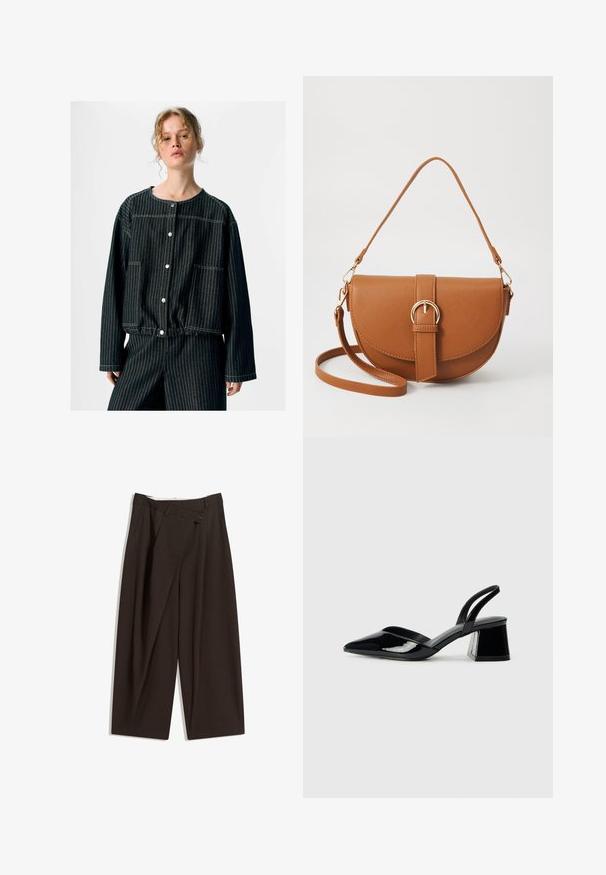 Schwarze Jeansjacke mit vertikalen weißen Streifen, runder Halslinie, zwei Fronttaschen, Druckknopfverschluss und lässigen Ärmeln.; Dunkelbraune, weite Hosen mit hohem Bund, die über einen einzigen Knopfverschluss und eine gefaltete Vorderseite verfügen. Hergestellt aus leichtem Stoff.; Schwarze Lackleder-Slingback-High Heels mit spitzem Schuh und einem geometrischen Blockabsatz. Verfügt über ein schlankes, minimalistisches Design und eine glatte Textur.; Braune Leder-Crossbody-Tasche mit geschwungener Form, goldfarbenen Beschlägen und einer Schnallenakzentuierung. Verfügt über einen abnehmbaren Schultergurt.